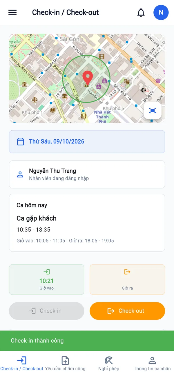 Chấm công thành công trên điện thoại